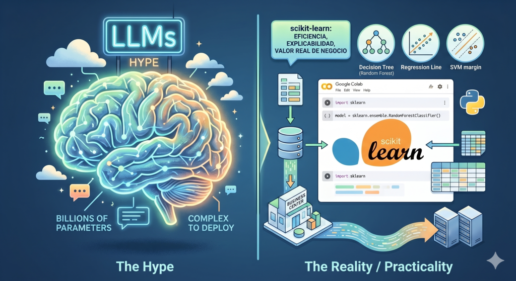 Infografía comparativa entre el hype de los LLMs y la realidad práctica de scikit-learn con Google Colab para Machine Learning en empresas.